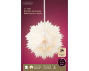 Frontalansicht der Verpackung eines weißen, beleuchteten Lumineo-Papiersterns mit 6 warmweißen LEDs, Batteriebetrieb und 6-Stunden-Timer.