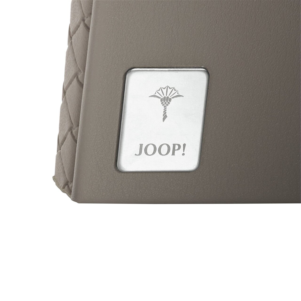 Nahaufnahme eines grauen Bilderrahmens mit gewebtem Muster und JOOP!-Logo