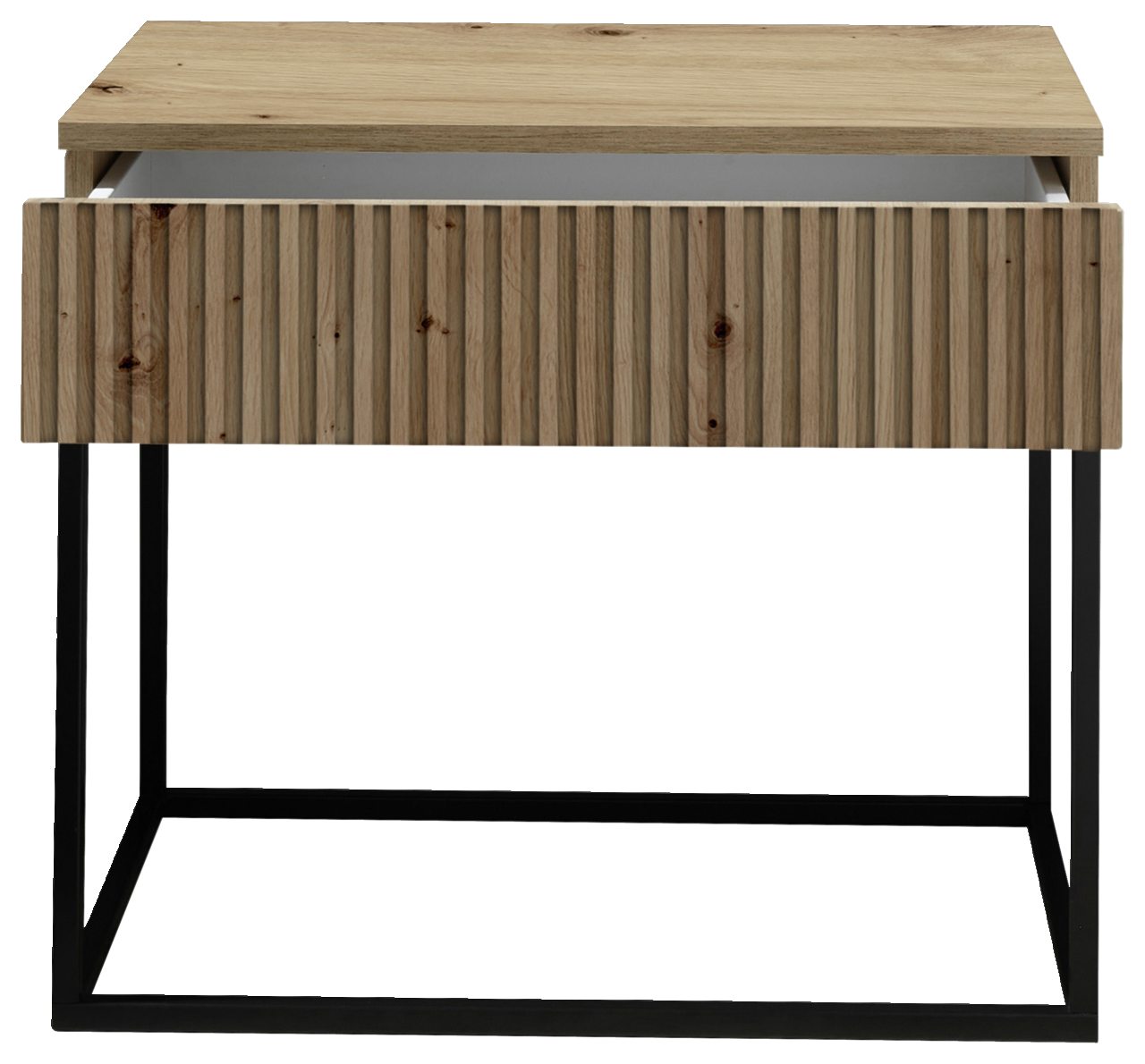 Nachtkommode aus Holz mit geriffelter Front und schwarzem Metallgestell, Frontalansicht