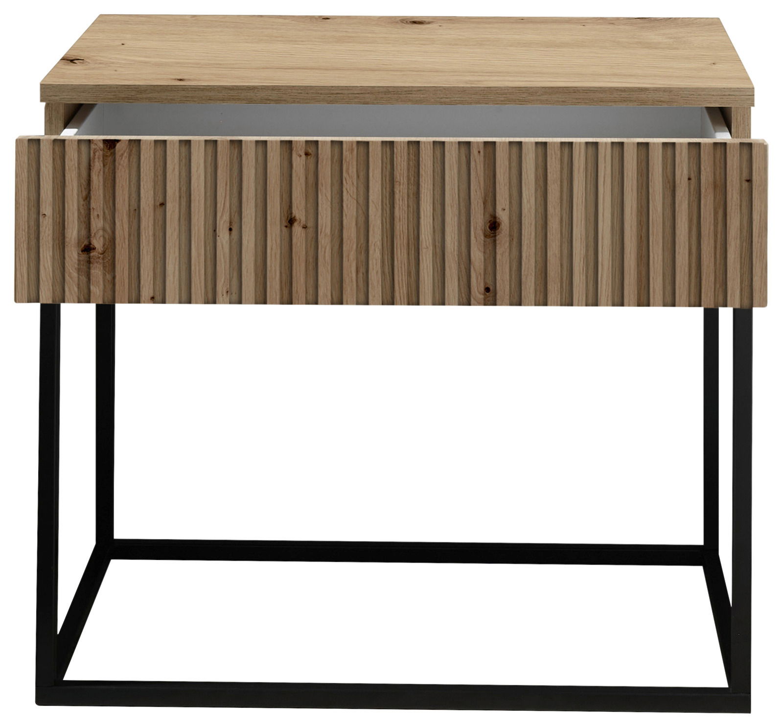 Nachtkommode aus Holz mit geriffelter Front und schwarzem Metallgestell, Frontalansicht