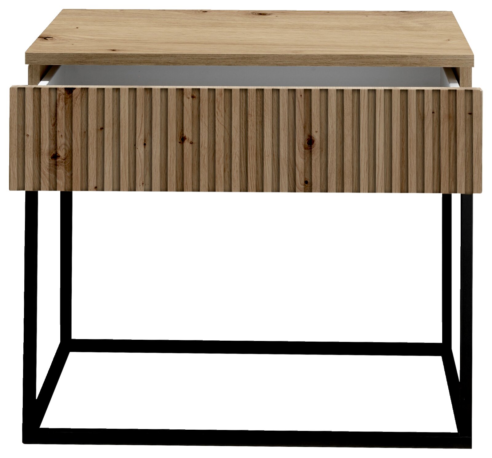 Nachtkommode aus Holz mit geriffelter Front und schwarzem Metallgestell, Frontalansicht