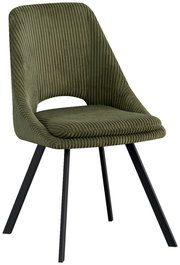 Grüner Stuhl mit geripptem Stoffbezug und schwarzen Metallbeinen, seitliche Perspektive