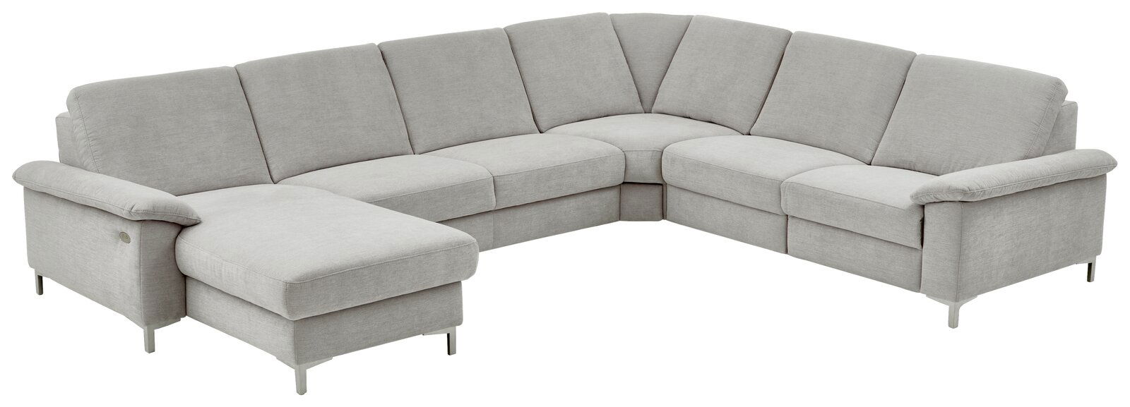 Graue Polsterrundecke in L-Form, perspektivisch von vorne links fotografiert.