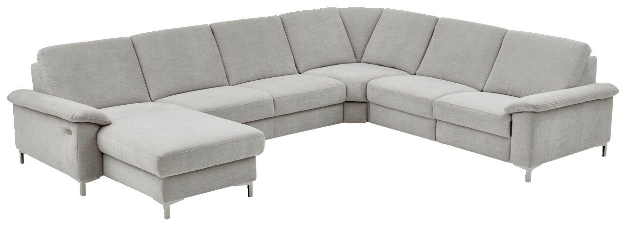 Graue Polsterrundecke in L-Form, perspektivisch von vorne links fotografiert.