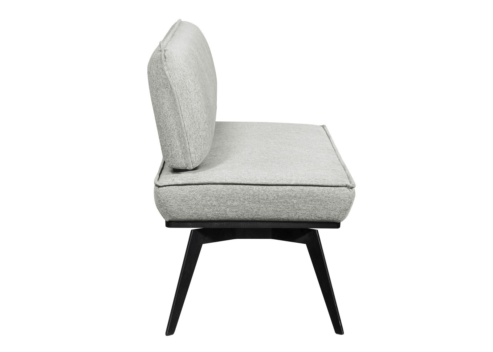 Seitenansicht einer modernen grauen Bank mit gepolstertem Sitz und Rückenlehne auf schwarzen Holzbeinen.
