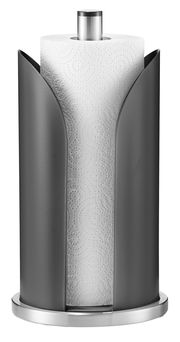 Moderner Küchenrollenhalter aus Metall mit einer Küchenrolle, frontal abgebildet.