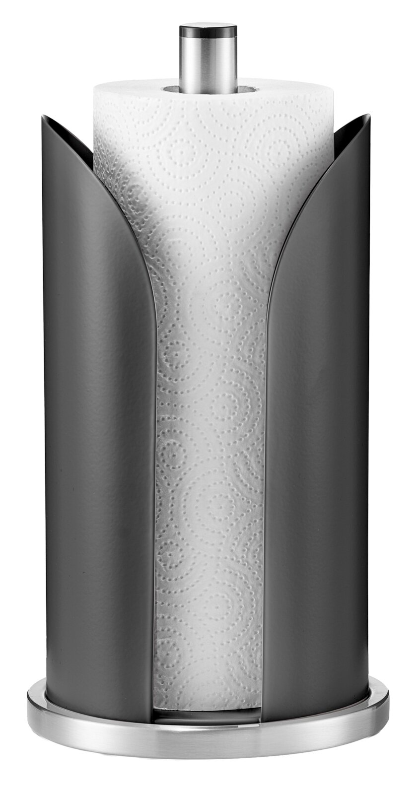 Moderner Küchenrollenhalter aus Metall mit einer Küchenrolle, frontal abgebildet.