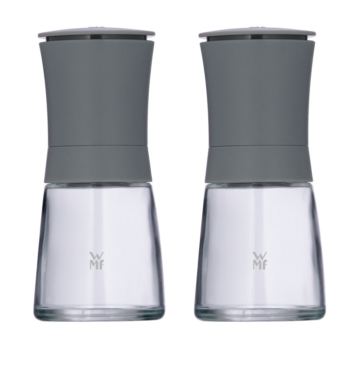 Zwei graue Mühlen aus Glas und Metall, frontal fotografiert, mit modernem Design.