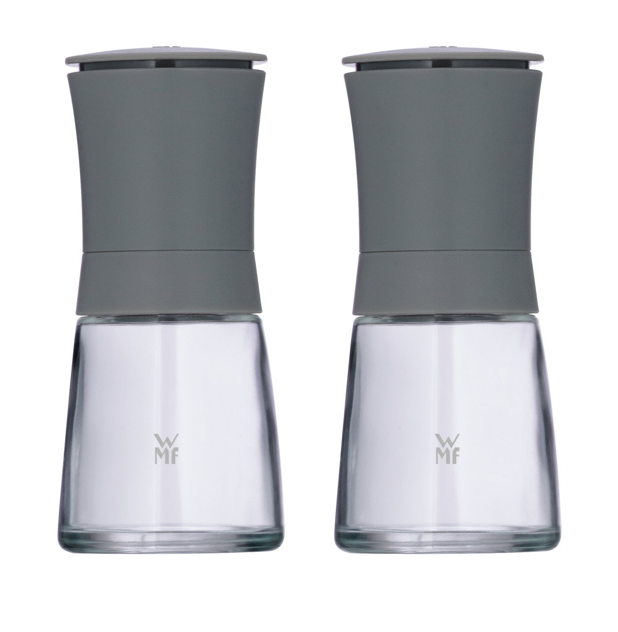 Zwei graue Mühlen aus Glas und Metall, frontal fotografiert, mit modernem Design.