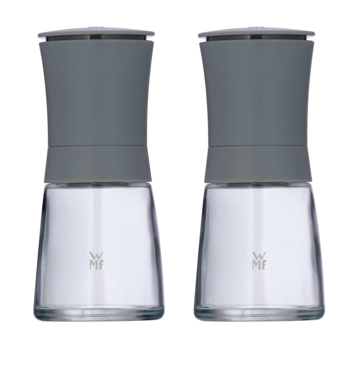WMF Mühlenset TREND Zwei graue Mühlen aus Glas und Metall, frontal fotografiert, mit modernem Design.