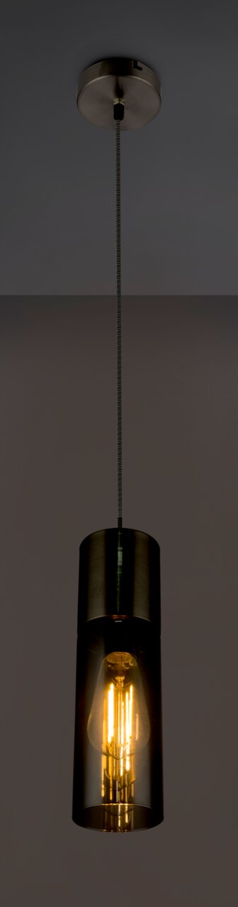 Moderne Hängeleuchte mit zylindrischem, rauchgrauem Glasschirm und sichtbarer Glühbirne, von unten betrachtet.