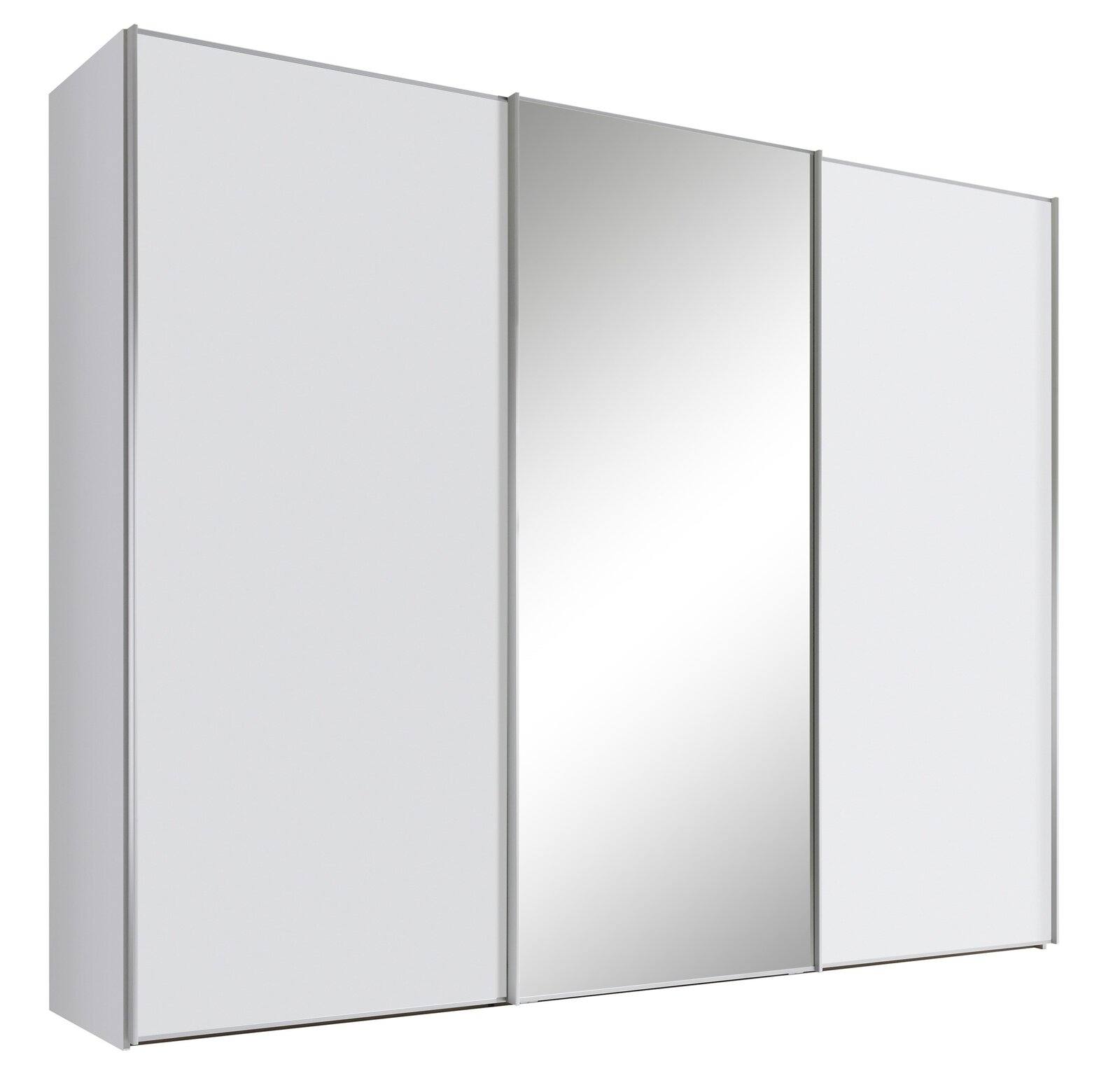Schwebetürenschrank mit drei Türen, davon eine mit Spiegel, in seitlicher Perspektive