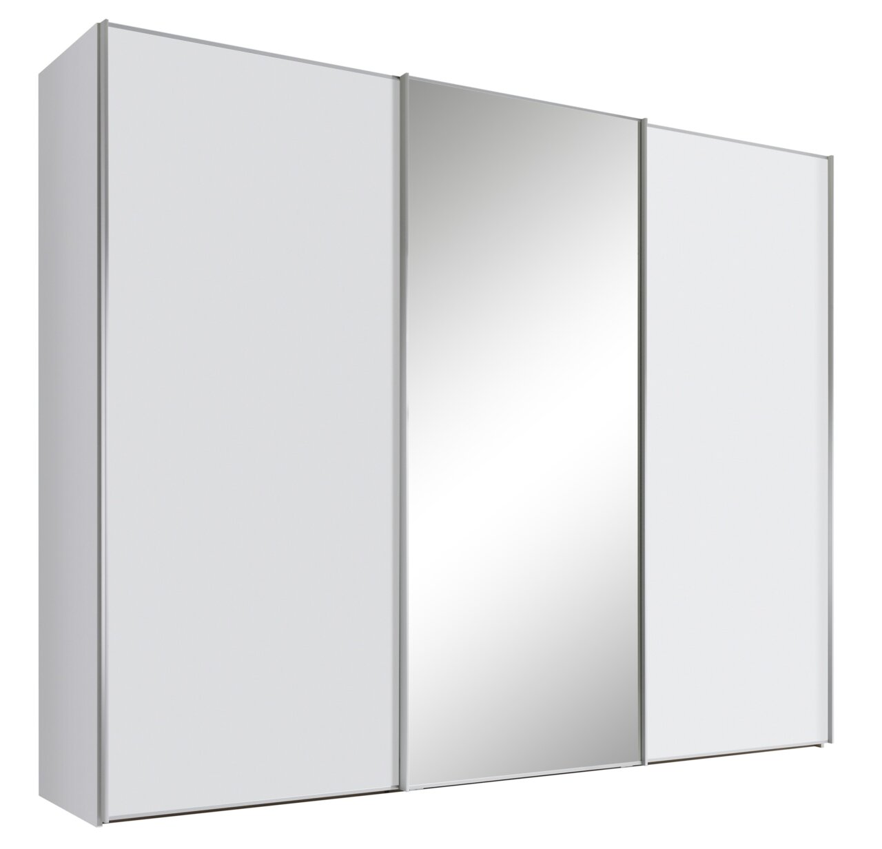 Schwebetürenschrank mit drei Türen, davon eine mit Spiegel, in seitlicher Perspektive