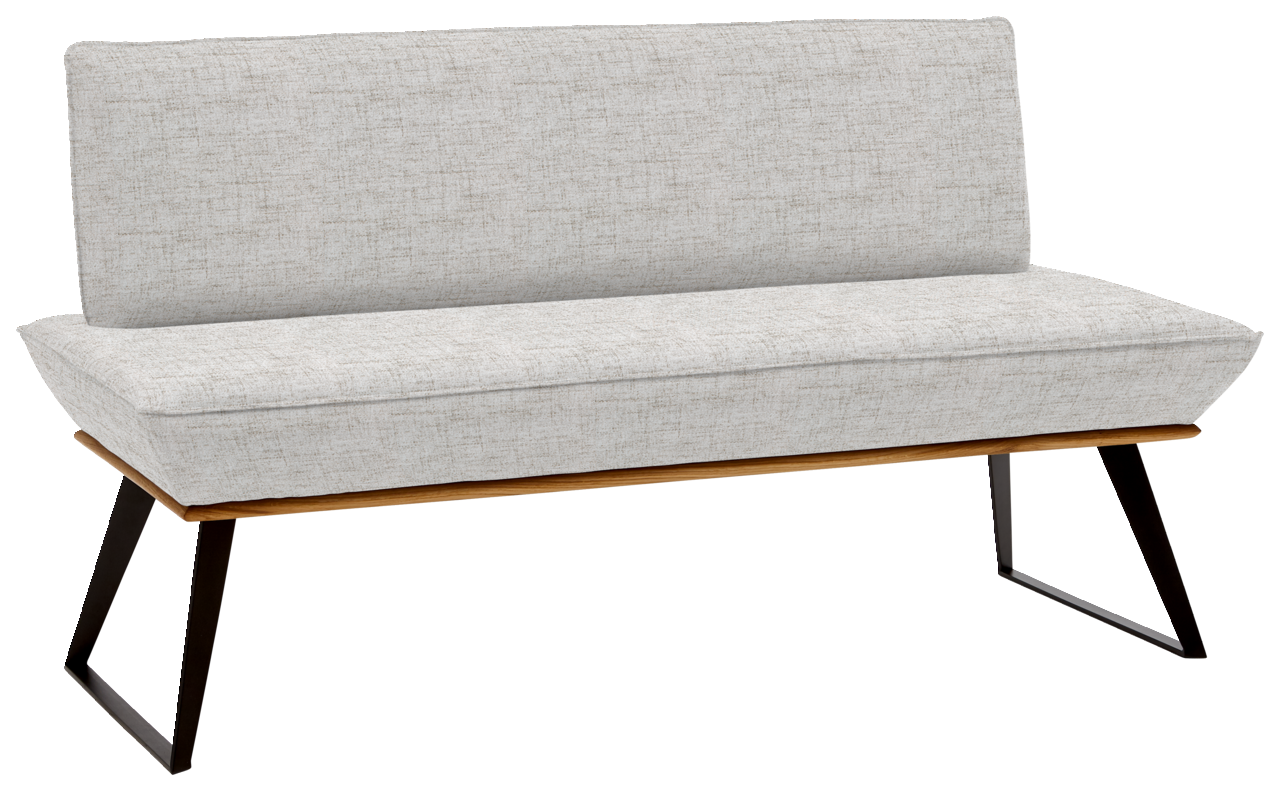 Voleo Bank 140 cm MALIBU Graue Bank mit Stoffbezug und schwarzem Metallgestell, seitliche Perspektive