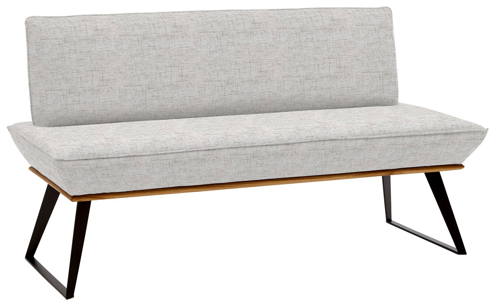 Voleo Bank 140 cm MALIBU Graue Bank mit Stoffbezug und schwarzem Metallgestell, seitliche Perspektive