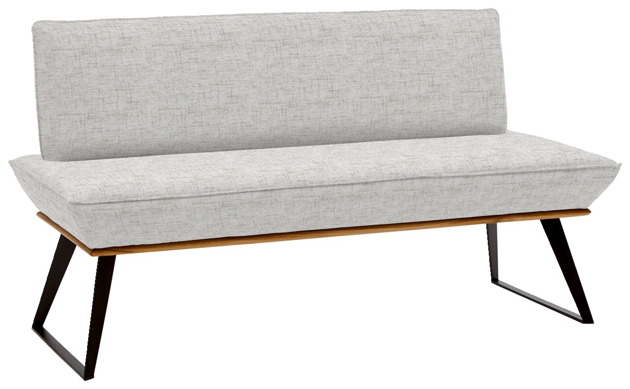 Voleo Bank 140 cm MALIBU Graue Bank mit Stoffbezug und schwarzem Metallgestell, seitliche Perspektive