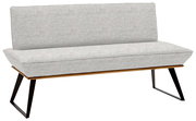 Graue Bank mit Stoffbezug und schwarzem Metallgestell, seitliche Perspektive