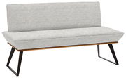 Graue Bank mit Stoffbezug und schwarzem Metallgestell, seitliche Perspektive
