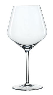 Burgunderglas in Frontalansicht, elegantes Design mit langem Stiel und breitem Kelch.