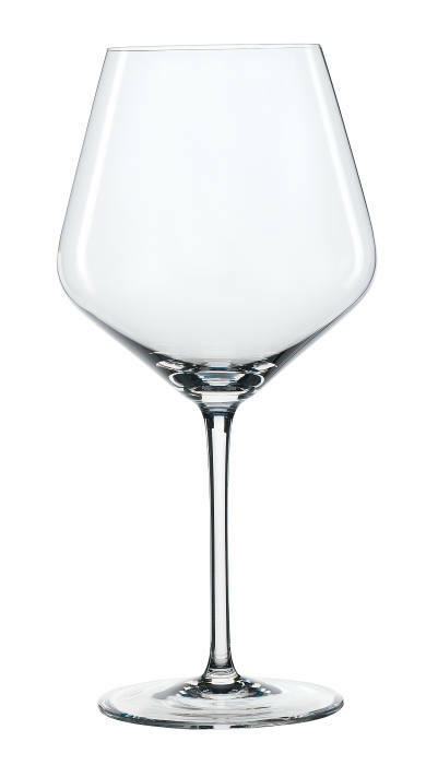 Burgunderglas in Frontalansicht, elegantes Design mit langem Stiel und breitem Kelch.