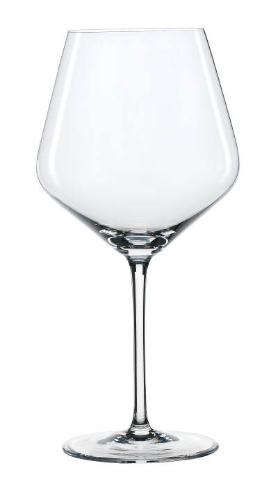 Burgunderglas in Frontalansicht, elegantes Design mit langem Stiel und breitem Kelch.