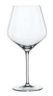 Burgunderglas in Frontalansicht, elegantes Design mit langem Stiel und breitem Kelch.