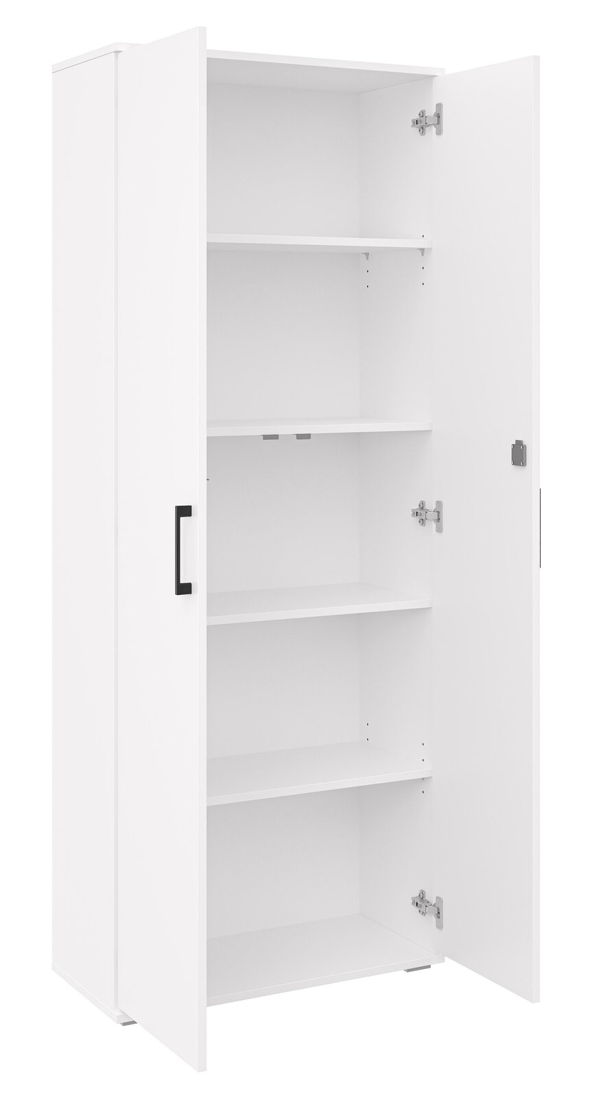 Weißer, hoher Aufbewahrungsschrank mit geöffneter Tür, schwarzen Griffen und mehreren Einlegeböden, in leichter Frontansicht schräg von links.