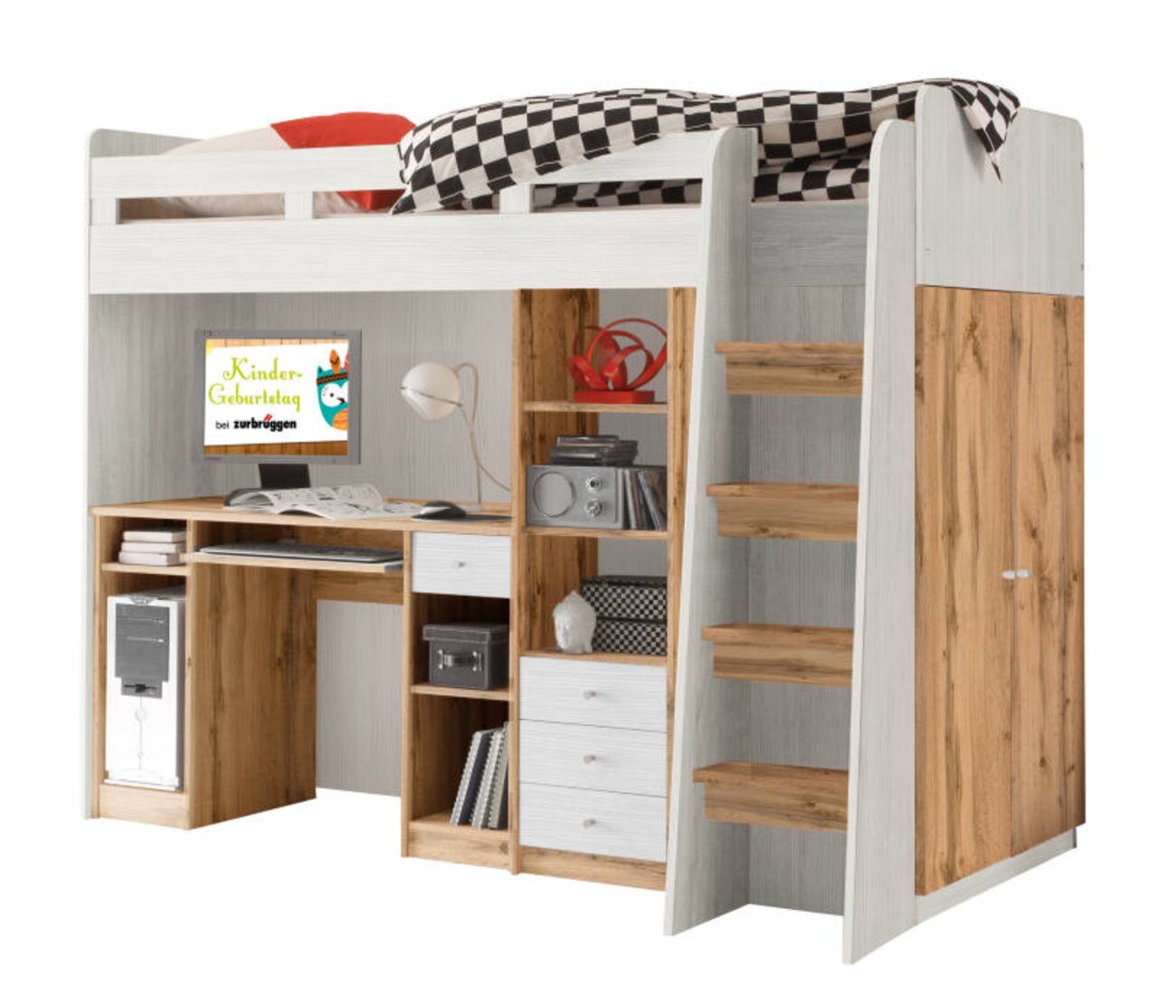 Hochbett mit integriertem Schreibtisch und Stauraum, seitliche Leiter, Perspektive von vorne