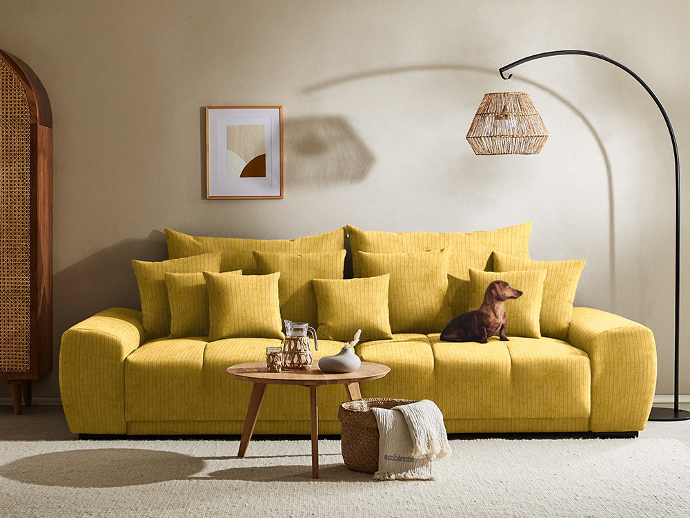 Een moderne woonkamer met een grote gele bank en veel kussens, een kleine ronde houten tafel, een decoratieve staande lamp en een teckel die gezellig op de bank zit.