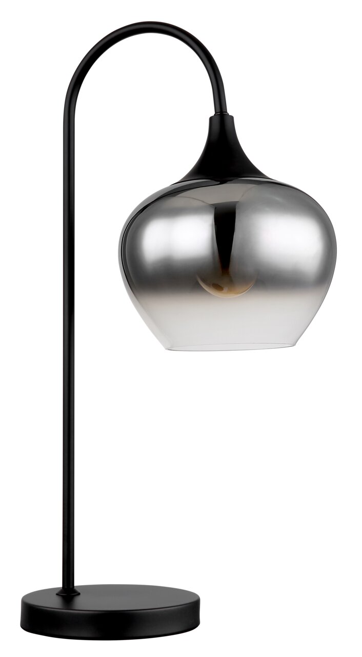 Moderne Tischleuchte MAXY mit gebogenem Ständer und glänzendem, metallischem Lampenschirm, seitliche Perspektive