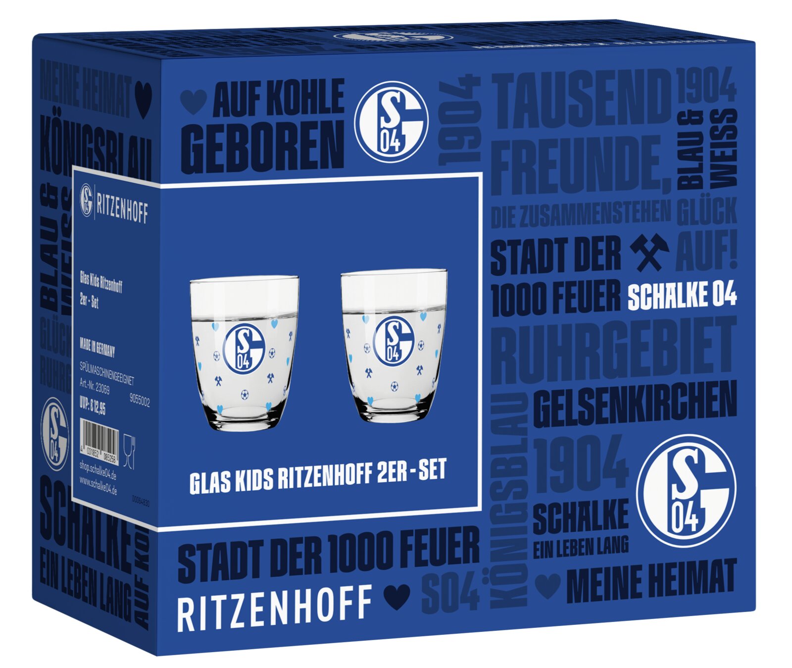 Blauer Produktkarton des FC Schalke 04 Kids-Gläser-Sets von Ritzenhoff mit zwei bedruckten Trinkgläsern, aus schräger Frontansicht mit sichtbarer linker Seitenfläche.