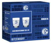 Blauer Produktkarton des FC Schalke 04 Kids-Gläser-Sets von Ritzenhoff mit zwei bedruckten Trinkgläsern, aus schräger Frontansicht mit sichtbarer linker Seitenfläche.