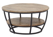Runder Couchtisch aus Holz mit schwarzem Metallgestell, seitliche Perspektive