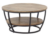 Runder Couchtisch aus Holz mit schwarzem Metallgestell, seitliche Perspektive