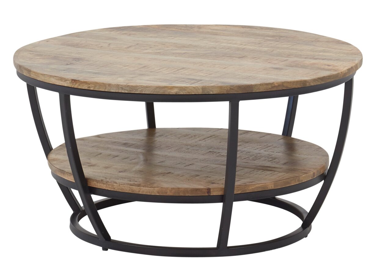 Runder Couchtisch aus Holz mit schwarzem Metallgestell, seitliche Perspektive