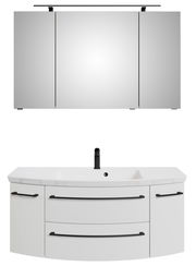 Frontale Ansicht einer dreiteiligen Badkombination mit Spiegelschrank und Waschbeckenunterschrank in modernem Design.