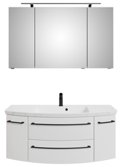 Frontale Ansicht einer dreiteiligen Badkombination mit Spiegelschrank und Waschbeckenunterschrank in modernem Design.