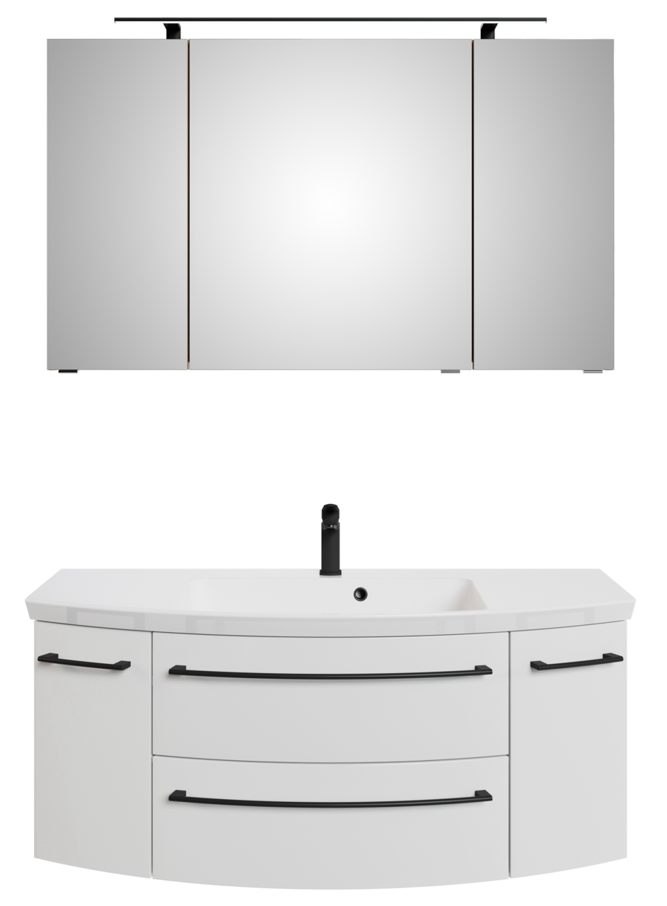 Frontale Ansicht einer dreiteiligen Badkombination mit Spiegelschrank und Waschbeckenunterschrank in modernem Design.
