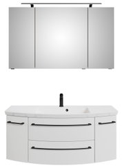 Frontale Ansicht einer dreiteiligen Badkombination mit Spiegelschrank und Waschbeckenunterschrank in modernem Design.