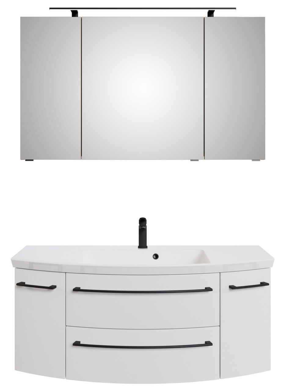 Frontale Ansicht einer dreiteiligen Badkombination mit Spiegelschrank und Waschbeckenunterschrank in modernem Design.