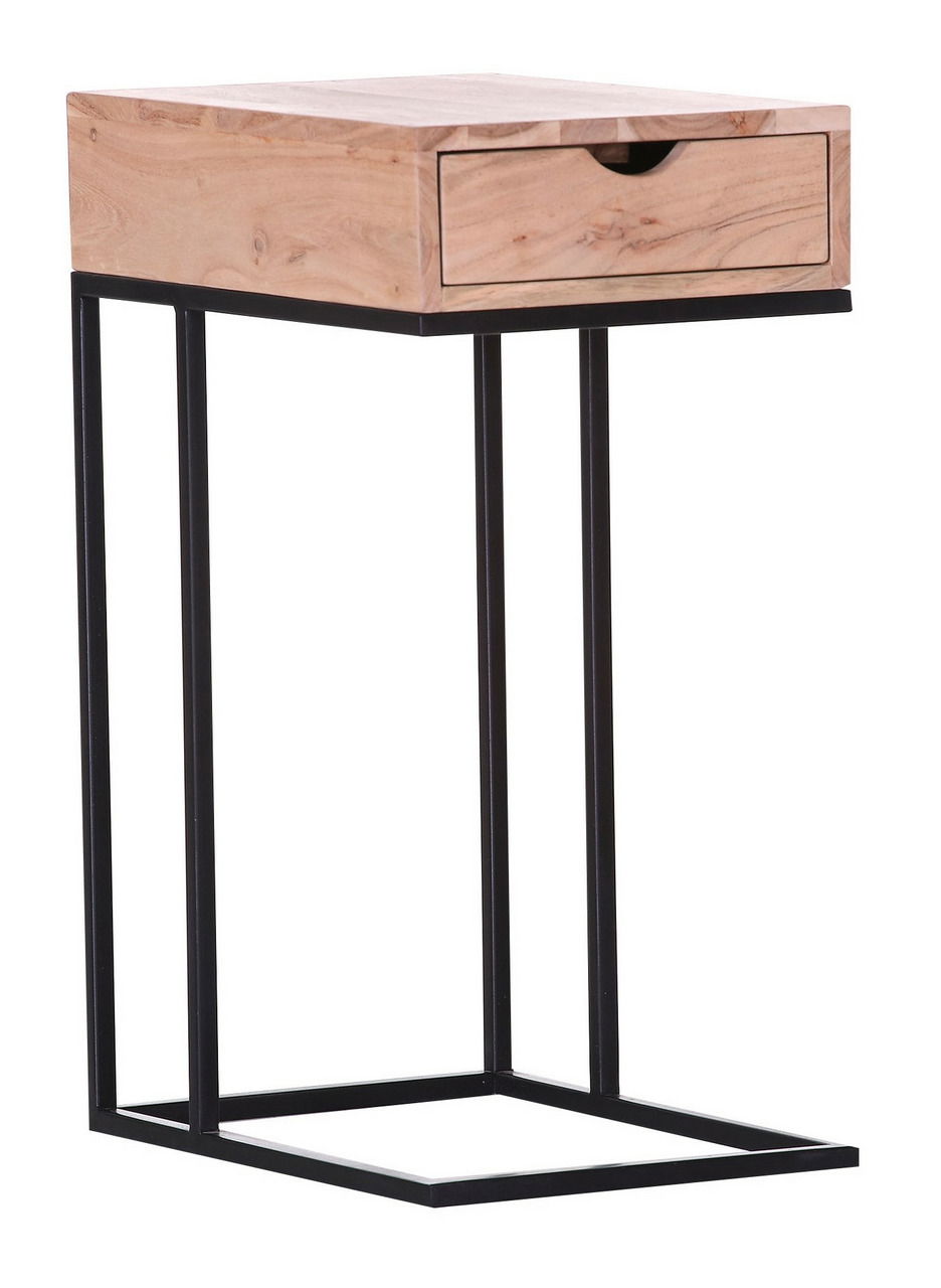 Moderner Beistelltisch mit Schublade aus Holz und Metallgestell, seitliche Perspektive