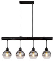 Moderne Hängeleuchte mit vier kugelförmigen Glaskörpern, schwarze Aufhängung, Frontalansicht