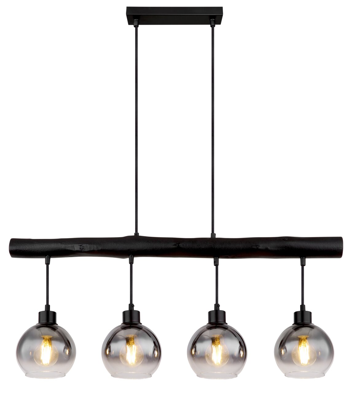 Moderne Hängeleuchte mit vier kugelförmigen Glaskörpern, schwarze Aufhängung, Frontalansicht