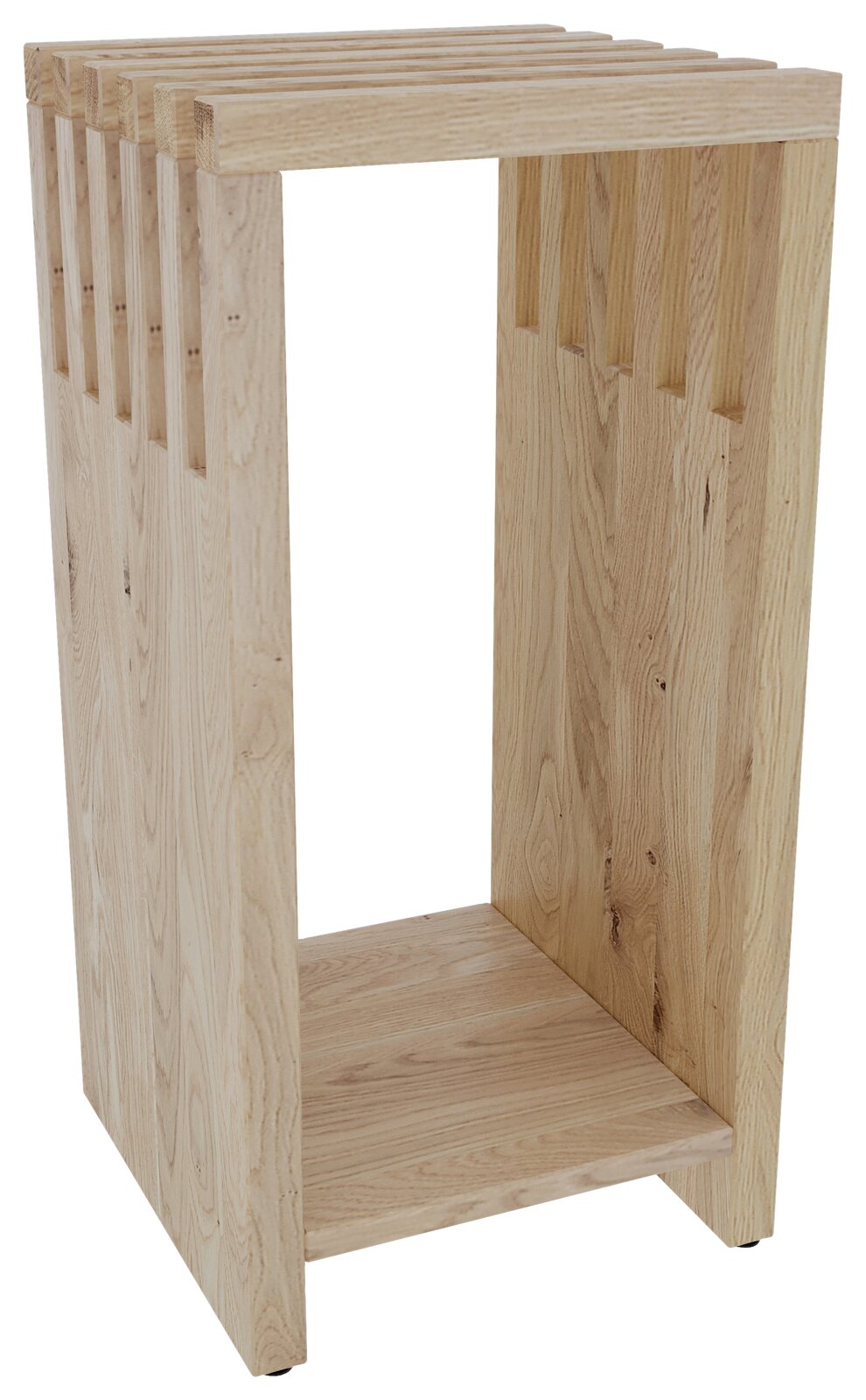 Moderner Beistelltisch aus hellem Holz mit offener Struktur, seitliche Perspektive