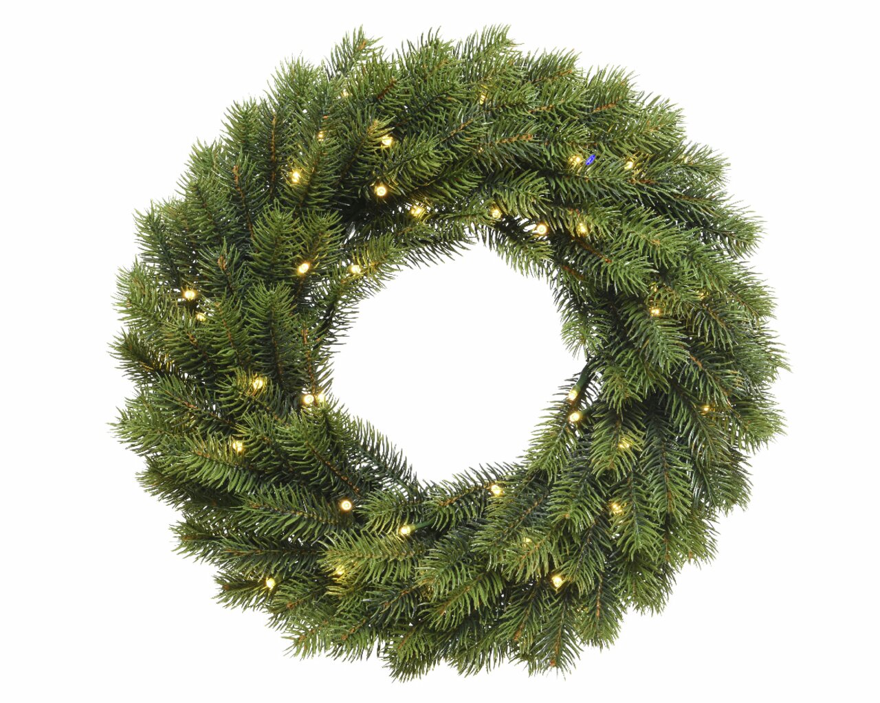 Grüner Weihnachtskranz mit integrierten Lichtern, von vorne betrachtet.
