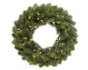 Grüner Weihnachtskranz mit integrierten Lichtern, von vorne betrachtet.