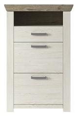 Frontansicht eines modernen Schuhschranks mit drei Schubladen in heller Holzoptik und dunkler Ablagefläche.