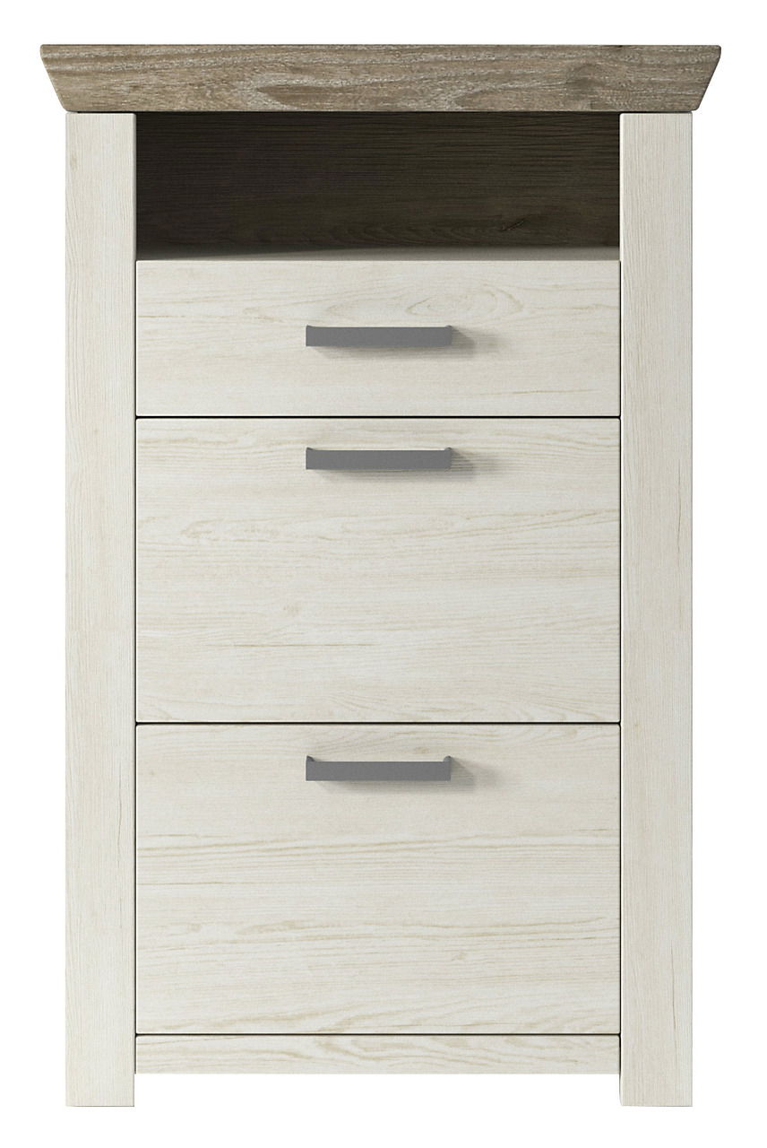 Frontansicht eines modernen Schuhschranks mit drei Schubladen in heller Holzoptik und dunkler Ablagefläche.