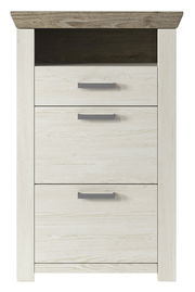 Frontansicht eines modernen Schuhschranks mit drei Schubladen in heller Holzoptik und dunkler Ablagefläche.