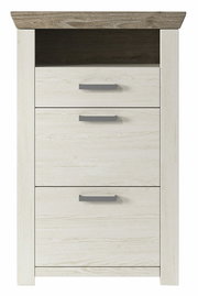 Frontansicht eines modernen Schuhschranks mit drei Schubladen in heller Holzoptik und dunkler Ablagefläche.